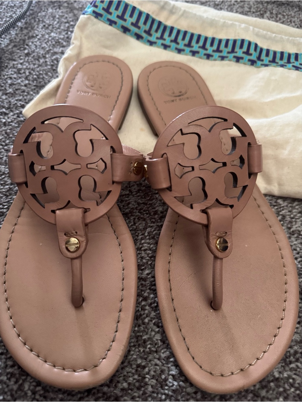 Tory Burch Blush Tan Leather Logo Cutout Thong Sandals